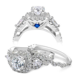 3.37c Halo Twist Round Cut Wedding Ring Set Engagement Diamond Simulated CZ 925 Sterling Silver