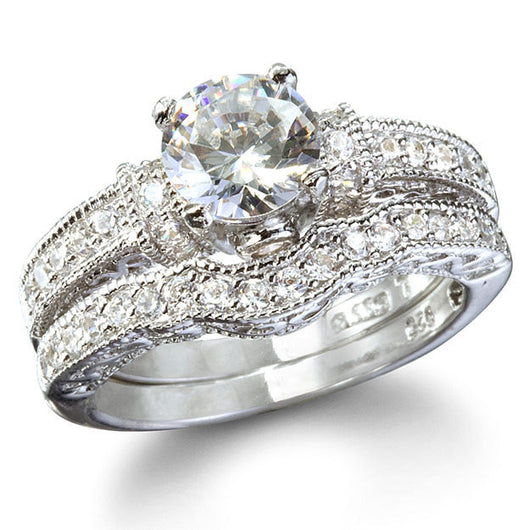 3.15c Round Cut Wedding Ring Set Engagement Diamond Simulated CZ 925 Sterling Silver Platinum ep