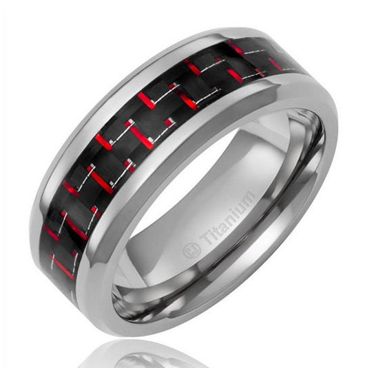 Men's Silver w Black Red Inlay Ring 8mm Titanium Wedding Band Engagement Black Titanium Ring
