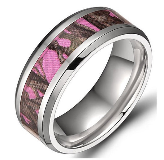 8mm Pink Camouflage Men's Titanium Ring Pink Forest Comfort Fit Wedding Band Women's