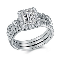 3.78ct Emerald 3 Piece Wedding Ring Set Engagement Diamond Simulated 925 Platinum ep Women's